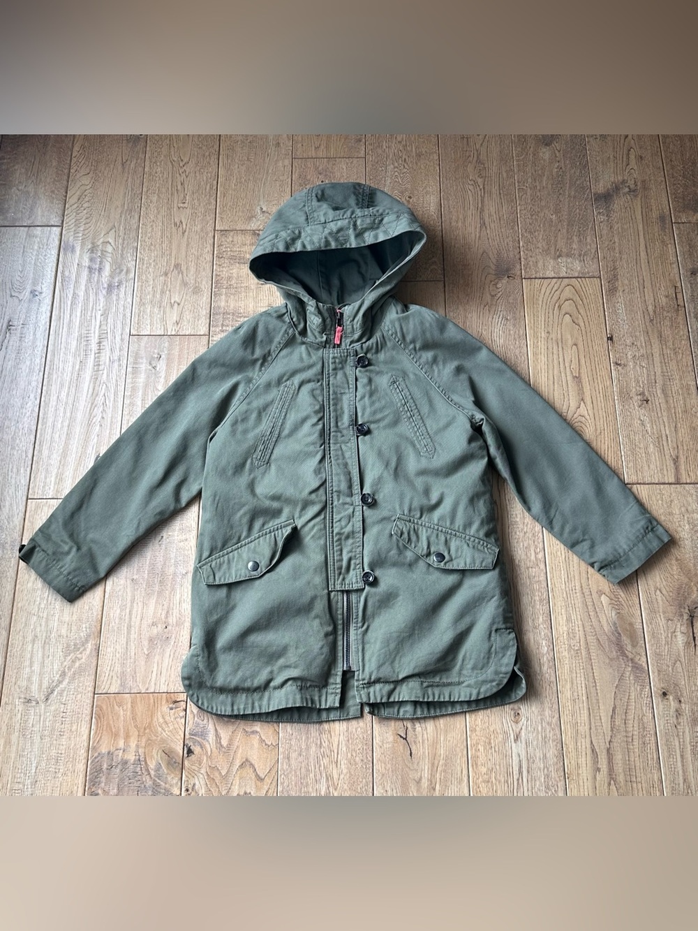 Zara Green Khaki Hooded Jacket with Removable Fleece Vest size 8